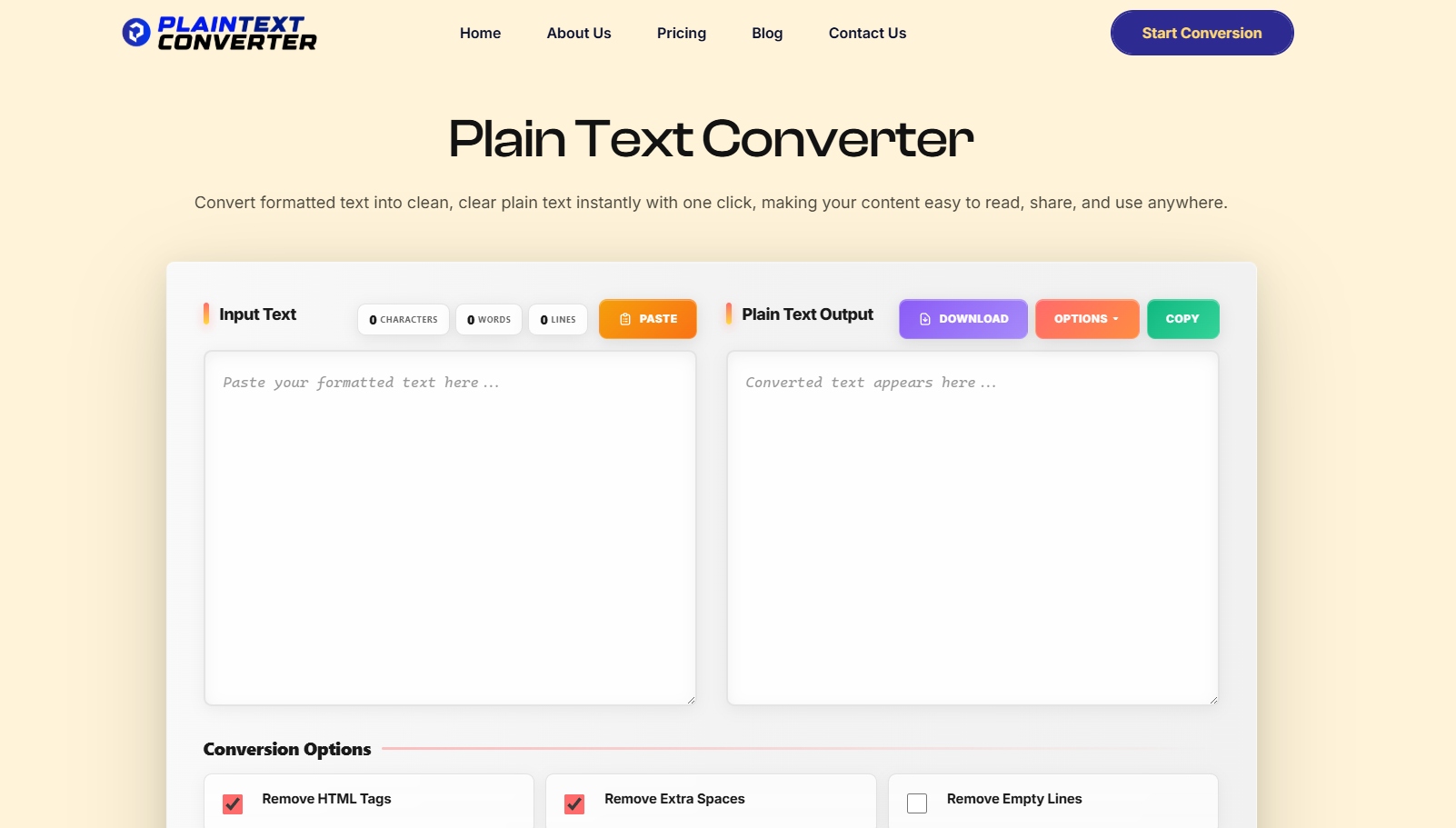 PlainTextConverter website screenshot